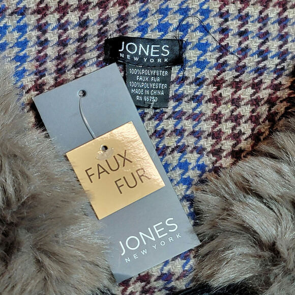 Jones New York Houndstooth Cape Faux Fur Collar Brown and Blue Classic Fall OS - Picture 12 of 13
